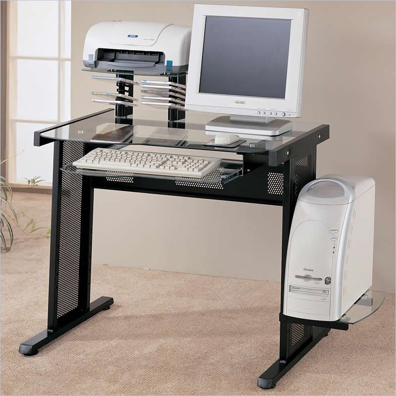 Coaster Desks Computer Desk w/ Glass Top and Computer Storage in Black