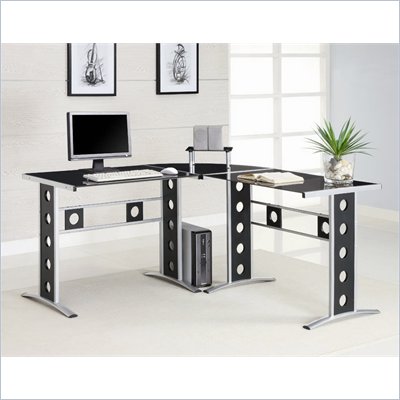 Coaster Modern L Shape Desk with Silver Frame & Black Glass