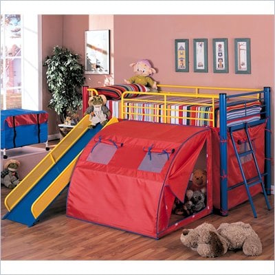 Loft Beds Slides on Coaster Kids Twin Metal Loft Bunk Bed With Slide And Tent 7239