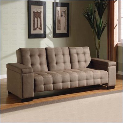 Coaster Sofa Bed with Drop Down Console and Storage in Tan Microfiber