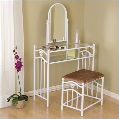 Coaster Glossy White Metal Makeup Vanity Table Set with Mirror in Mauve Velour