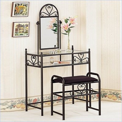 Coaster Frosted Black Wrought Iron Makeup Vanity Table Set with Mirror in Black Velour