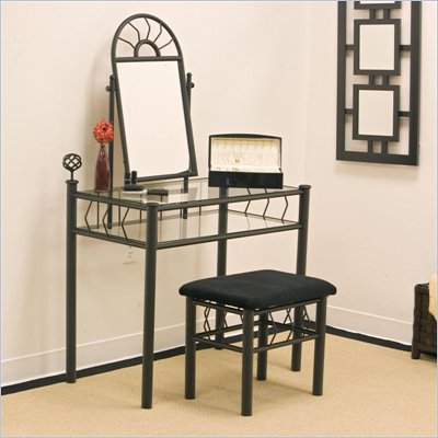 Coaster Wrought Iron Frosted Black Makeup Vanity Table Set with Mirror in Black Velour