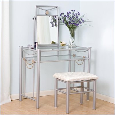 Coaster Frosted Pewter Makeup Vanity Table Set with Mirror in Pale Silver Fabric
