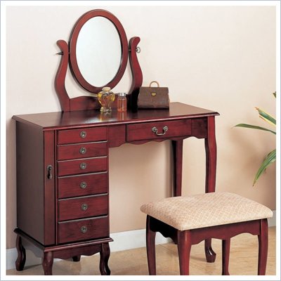 Coaster Eight Drawer Jewelry and Makeup Vanity Table Set with Swivel Mirror in Cherry Finish