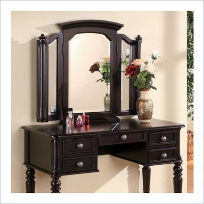 Coaster Neoclassical Wood Makeup Vanity with Three Panel Mirror in Black
