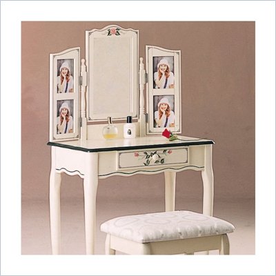 Coaster Wood Single Drawer Makeup Vanity Table Set with Mirror and Stool in White