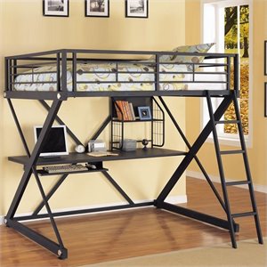  Powell Furniture Z-Bedroom Full Size Study Metal Loft Bunk Bed in Powder-Coat Black Finish 