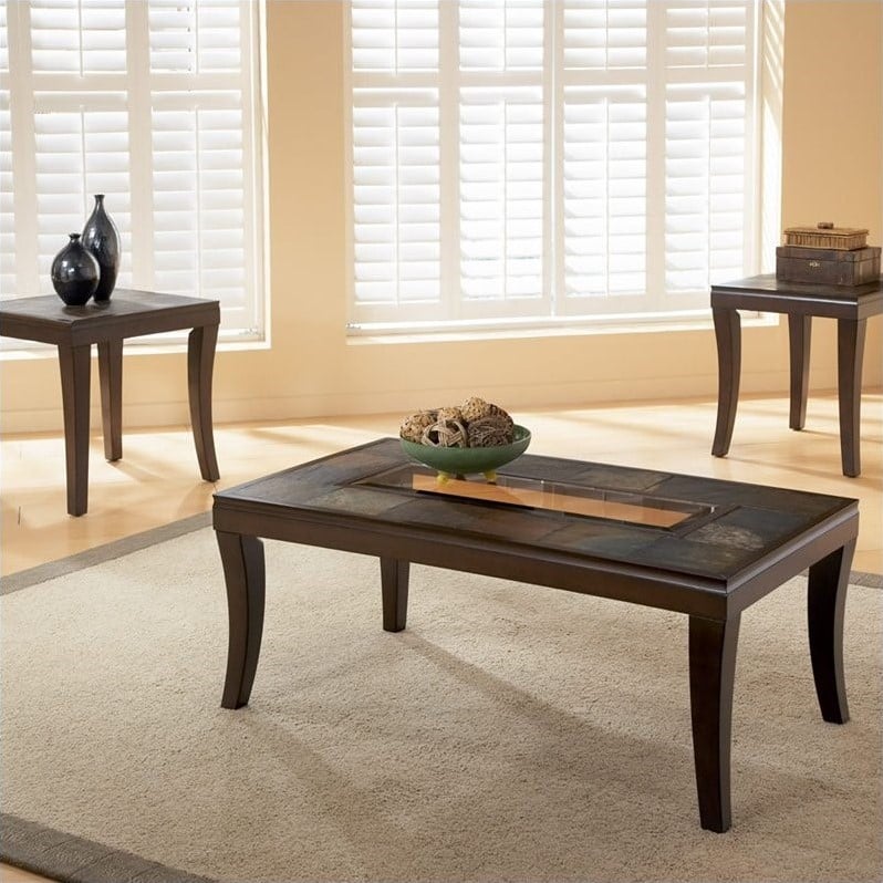  Standard Laguna Coffee and End Table Set w/ Slate Top and Glass Inserts 