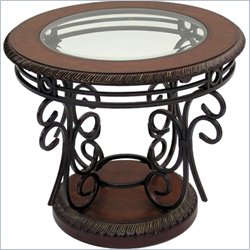 Standard Crescendo Round Glass Top End Table in Brown Leather Finish