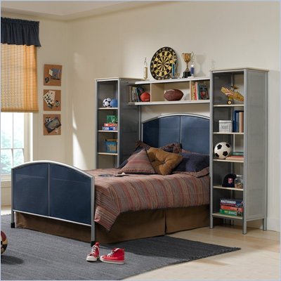 Hillsdale Universal Youth Metal Bed with Wall Storage 4 Piece Bedroom Set in Navy and Silver