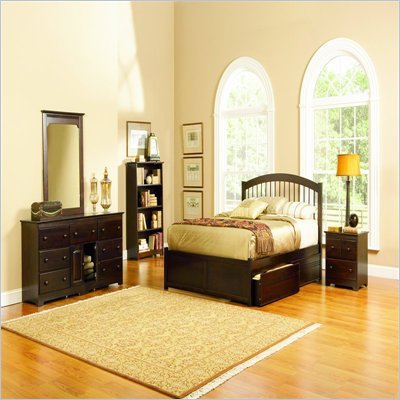 Atlantic Furniture Windsor Wood Platform Bed with Flat Panel Footboard 4 Piece Bedroom Set