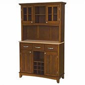 Home Styles Furniture Large Cherry Wood Buffet with Natural Wood Top and 2-Glass Door Hutch