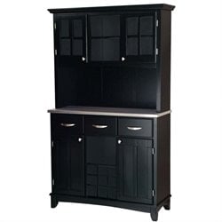 Home Styles Furniture 3 Drawer Large Black Wood Buffet with Stainless Steel Top and 2-Door Hutch