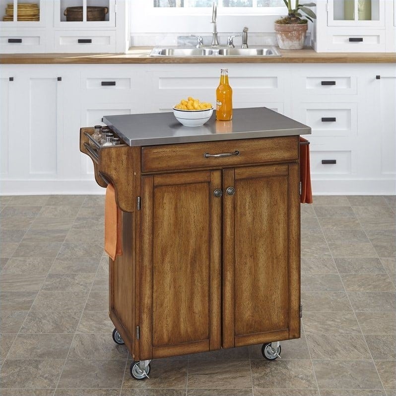 Home Styles Cottage Oak Kitchen Cart with Stainless Steel Top