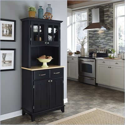 Home Styles Furniture Black Wood Buffet with Natural Wood Top and 2-Door Panel Hutch