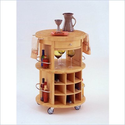 Home Styles Furniture Round Wood Top Kitchen Cart in Natural with Removable Wine Rack
