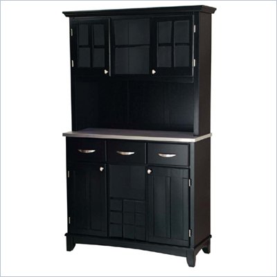 Home Styles Furniture 3 Drawer Large Black Wood Buffet with Stainless Steel Top and 2-Door Hutch
