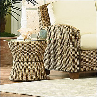 Home Styles Furniture Cabana Banana Round Drum Accent Table with Glass Top In Honey Finish
