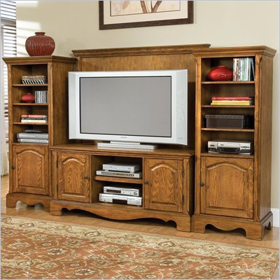 Home Styles Country Casual Wood Entertainment Center Console Set in Distressed Oak Finish