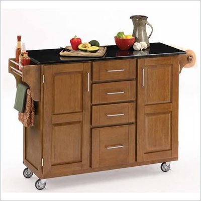 Home Styles Furniture Black Granite Kitchen Cart in Cottage Oak Wood