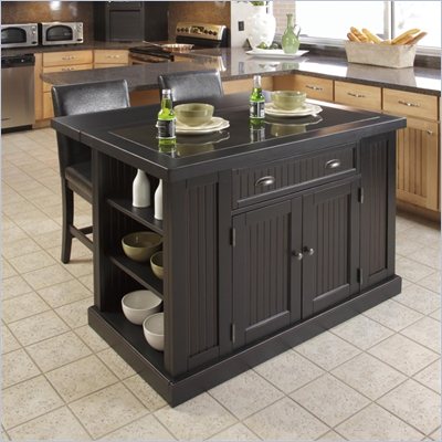 Home Styles Nantucket Island and Two Stools in Distressed Black Finish