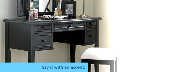 Powell Furniture Black Antique Wood Makeup Vanity Table with Mirror and Bench