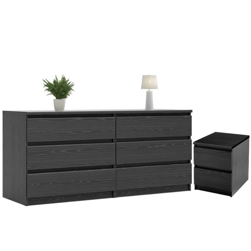 black dresser and nightstand set Velvet Glam 6-Piece Bedroom with LED Bed, Fireplace Dresser, Mirror & Dressed in a 2 Manhattan Comfort Black Rockefeller Dresser