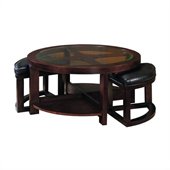 Homelegance Redell Round Cocktail Table with 2 Ottomans and Glass Inserts