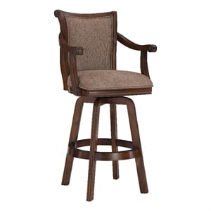 Linon Brandon Upholstered 30&quot Wood Swivel Bar Stool with Arms in Warm Cherry