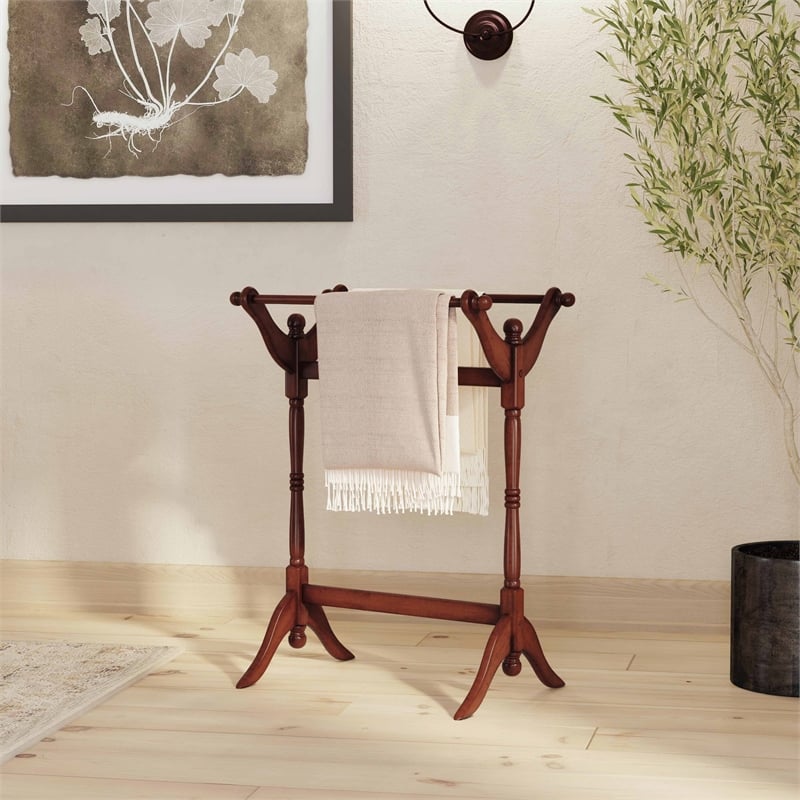 Linon Heirloom Solid Pine Wood Double Bar Blanket Rack in Cherry Stain