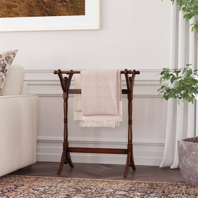 Linon Heirloom Solid Pine Wood Double Bar Blanket Rack in Cherry Stain
