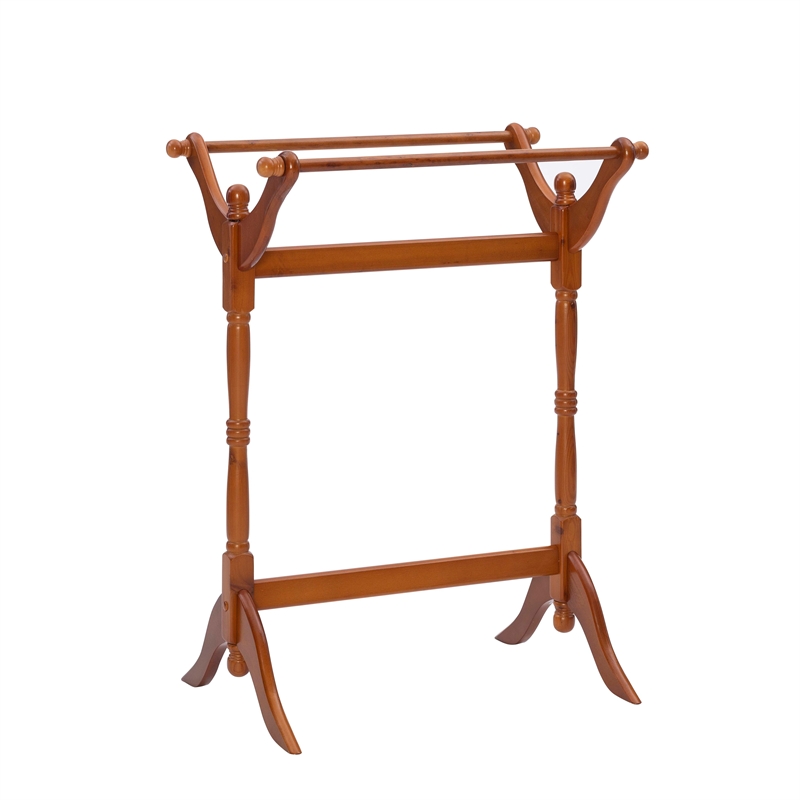 Linon Heirloom Solid Pine Wood Double Bar Blanket Rack in Oak Brown Stain