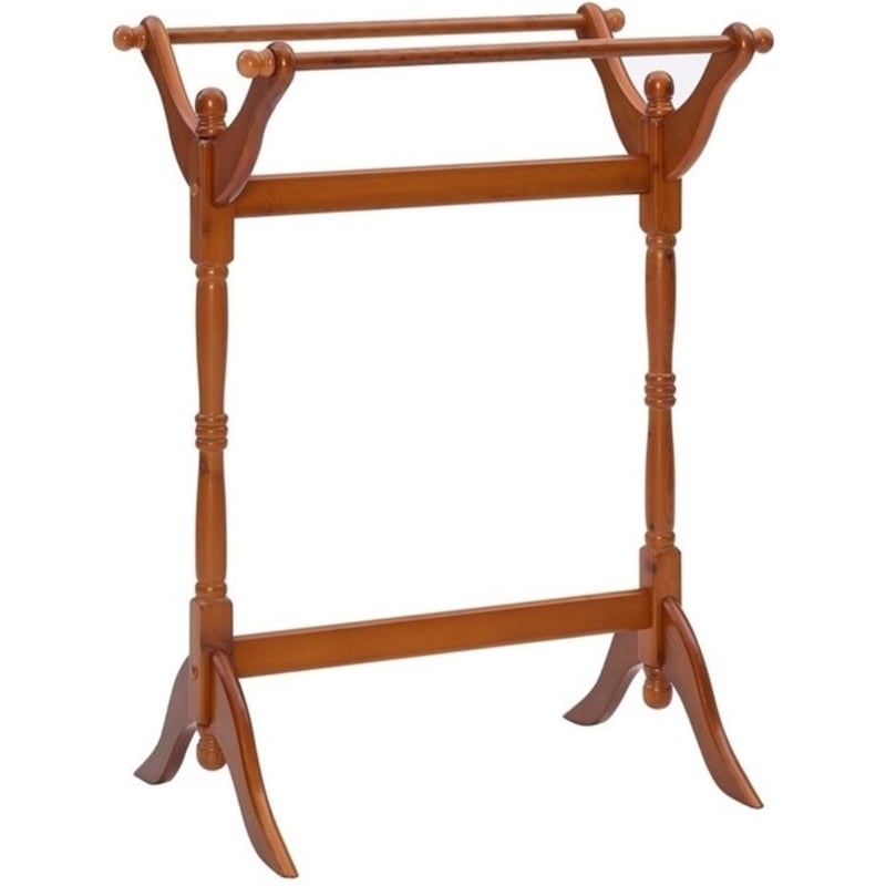 Linon Heirloom Solid Pine Wood Double Bar Blanket Rack in Oak Brown Stain