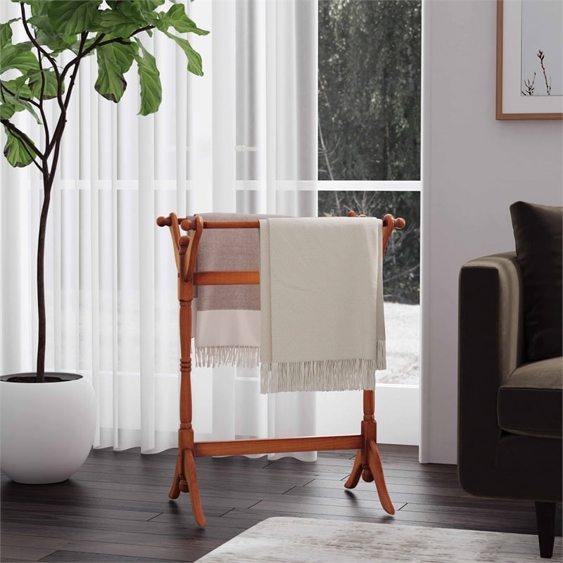 Linon Heirloom Solid Pine Wood Double Bar Blanket Rack in Oak Brown Stain