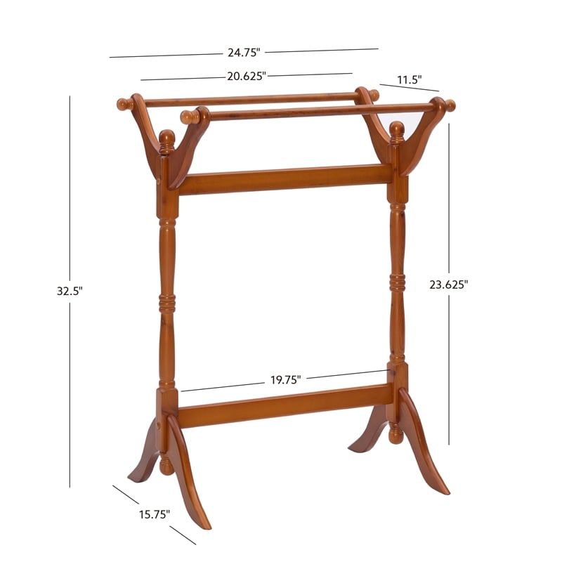 Linon Heirloom Solid Pine Wood Double Bar Blanket Rack in Oak Brown Stain