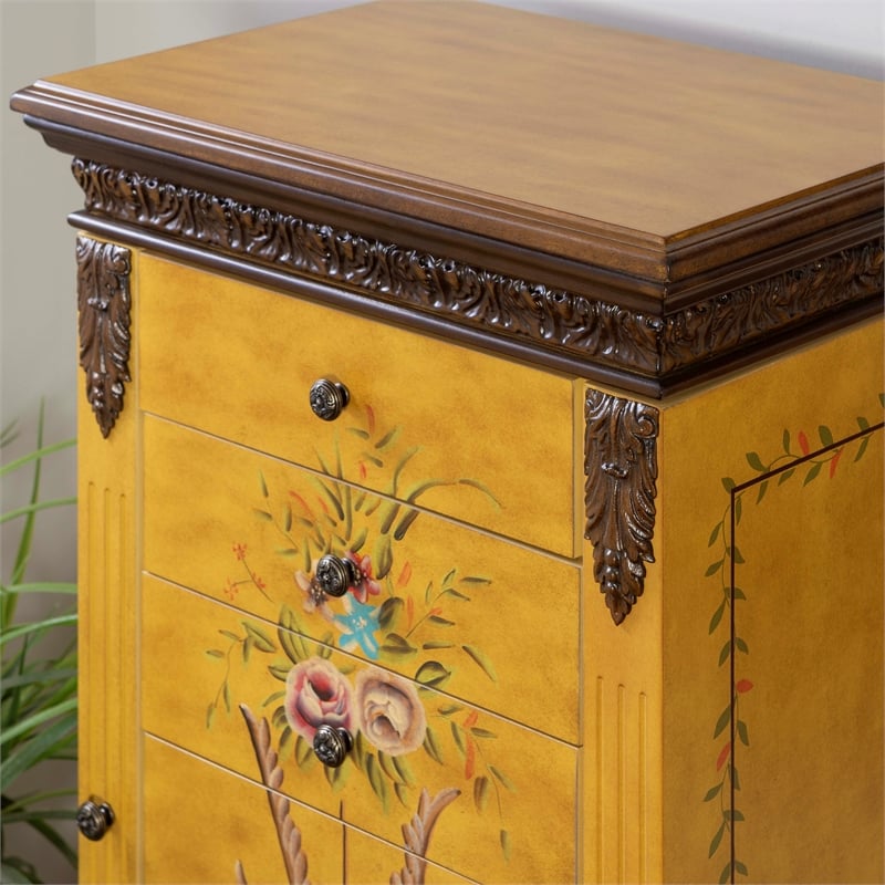Linon Masterpiece Wood Hand Painted Jewelry Armoire in Antique Parchment Yellow