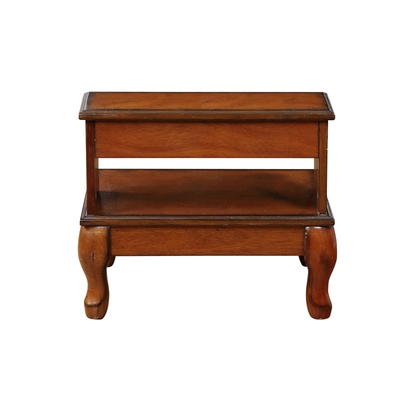 Linon Beatrice Wood Bed Steps Queen Anne Legs & Hidden Drawer in Antique Cherry