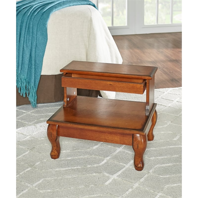 Linon Beatrice Wood Bed Steps Queen Anne Legs & Hidden Drawer in Antique Cherry