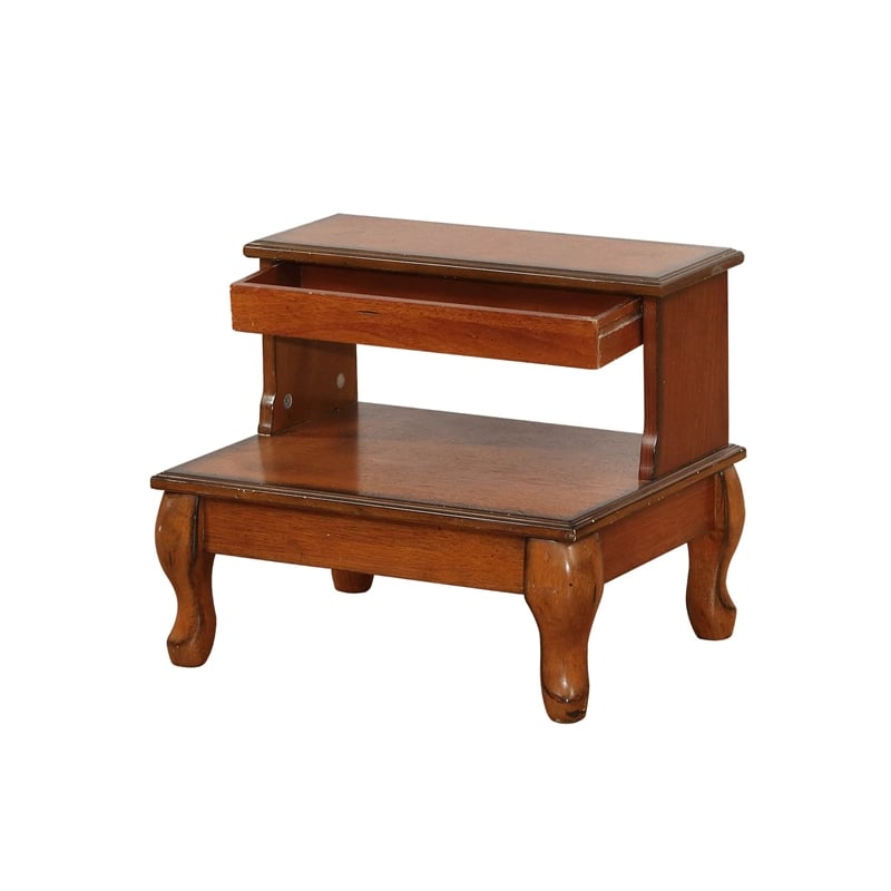 Linon Beatrice Wood Bed Steps Queen Anne Legs & Hidden Drawer in Antique Cherry