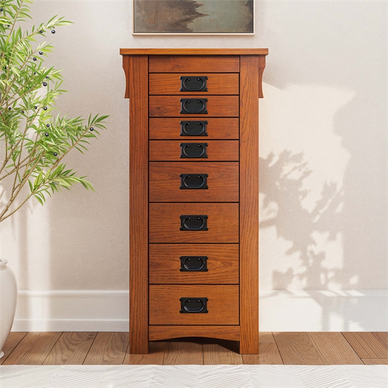 Linon Anna Lee Wood Jewelry Armoire 8 Drawers 2 Side Doors Gray Hardware in Oak