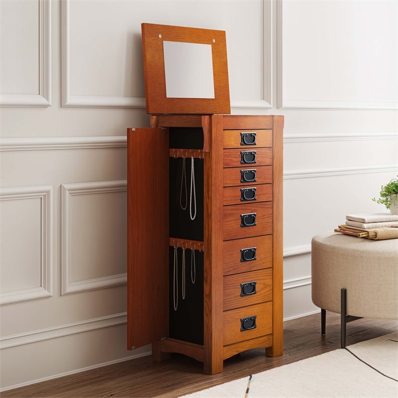 Linon Anna Lee Wood Jewelry Armoire 8 Drawers 2 Side Doors Gray Hardware in Oak