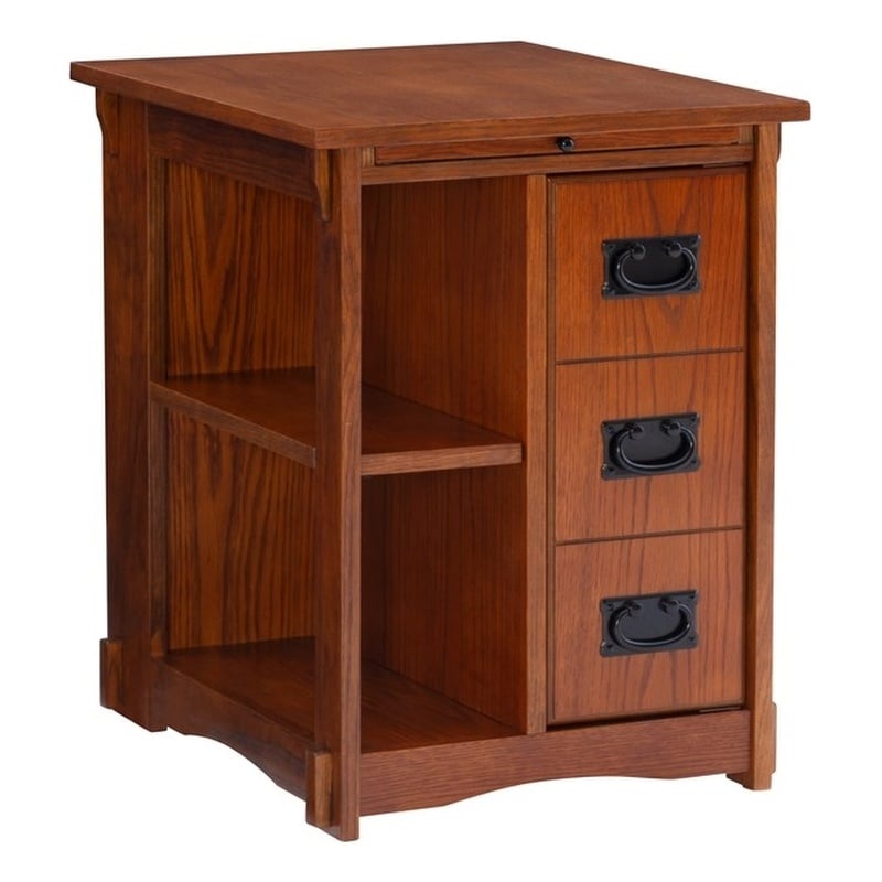 Linon Mission Storage Side Table/Cabinet with Pull Out Shelf in Warm Oak Wood