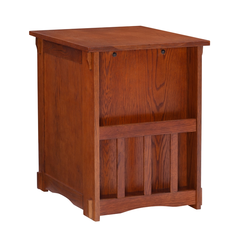 Linon Mission Storage Side Table/Cabinet with Pull Out Shelf in Warm Oak Wood