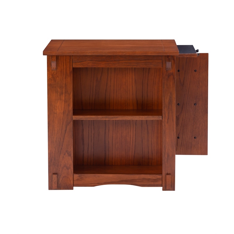 Linon Mission Storage Side Table/Cabinet with Pull Out Shelf in Warm Oak Wood