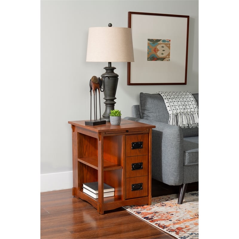 Linon Mission Storage Side Table/Cabinet with Pull Out Shelf in Warm Oak Wood
