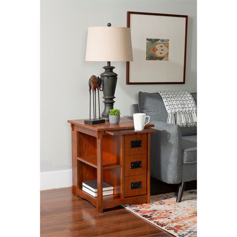 Linon Mission Storage Side Table/Cabinet with Pull Out Shelf in Warm Oak Wood