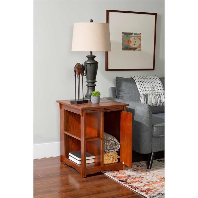 Linon Mission Storage Side Table/Cabinet with Pull Out Shelf in Warm Oak Wood