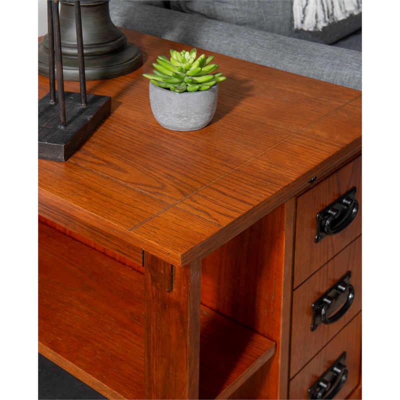 Linon Mission Storage Side Table/Cabinet with Pull Out Shelf in Warm Oak Wood