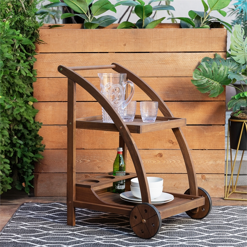 Linon Catalan Outdoor Serving Trolley 2 Levels with Wheels in Acorn Brown Wood